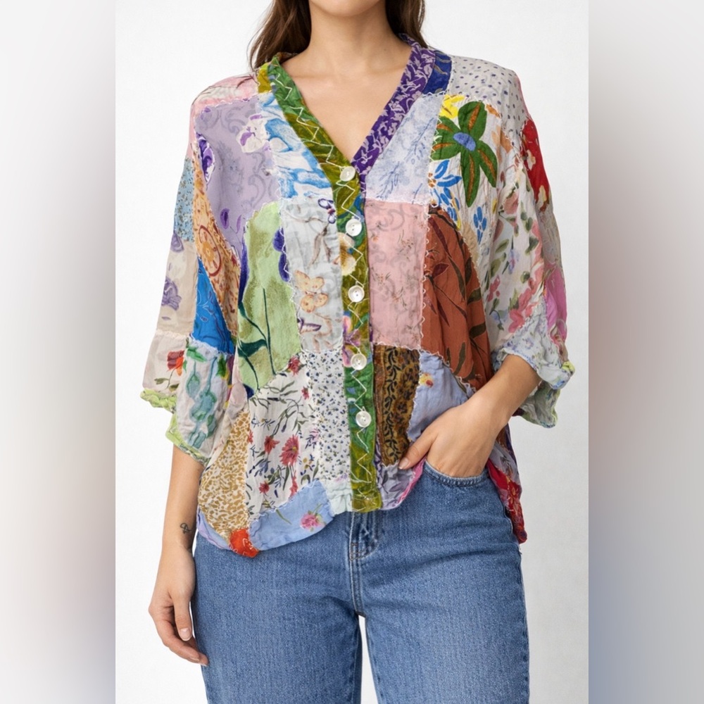 Vintage Sacred Threads Colorful Patchwork Boho Trendy Button-Up Blouse Size S/M